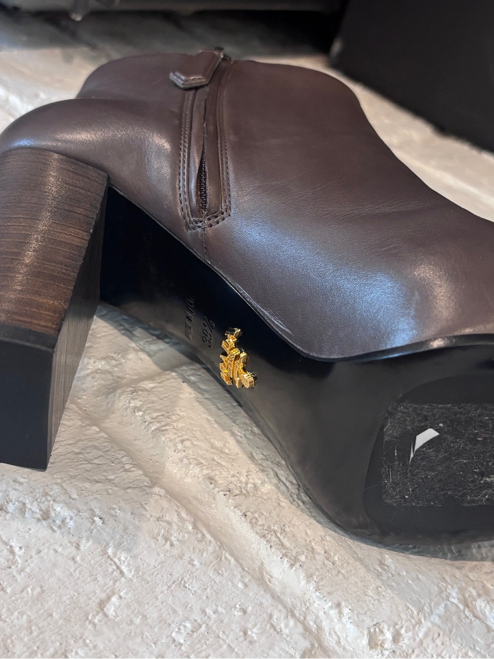 Prada Women's Brown Leather Block Heel Ankle Boots - Picture 6 of 9